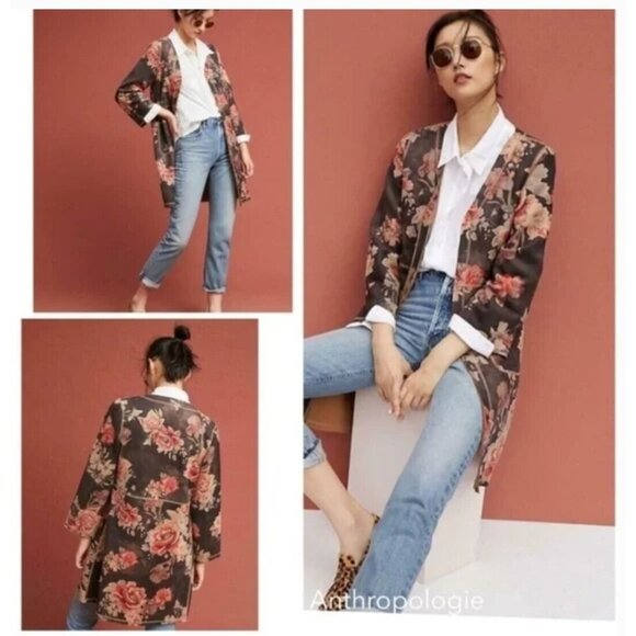 Anthropologie Floral Micro-Suede Coat w/Pockets Size XL Open Front Bohemian‎ - Picture 1 of 12
